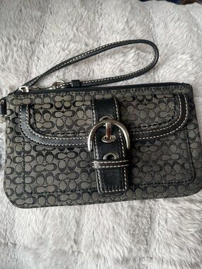 Coach Black and Tan Signature Canvas Wristlet with Buckle